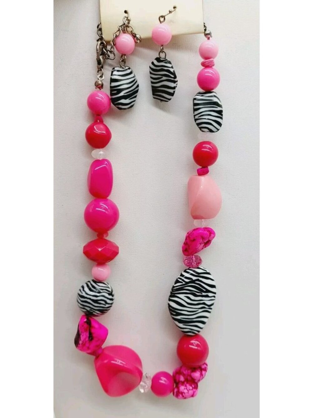 Da Vinci Large Chunky Beads Necklace Pink White Black Zebra & Earrings Choker